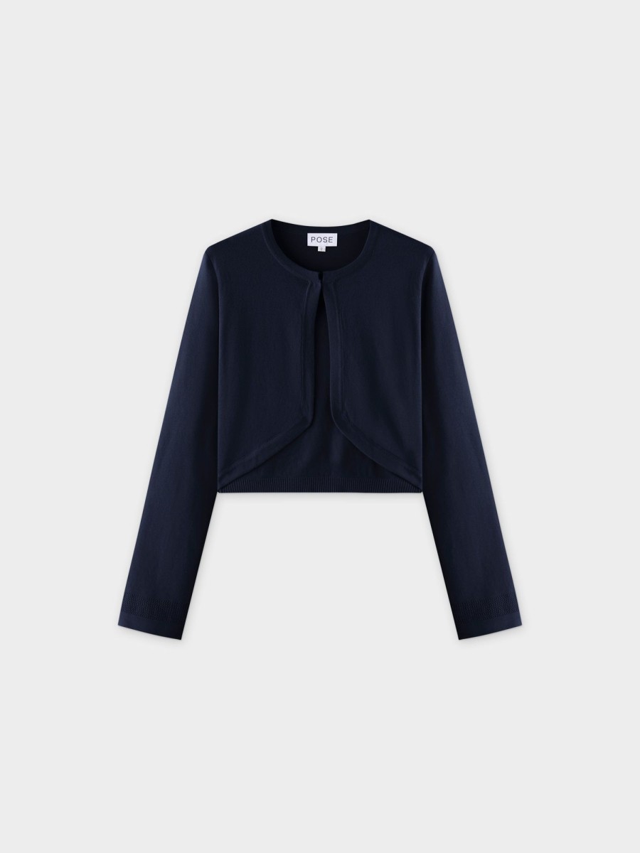 Hot Flat Ribbed Trim Shrug-Navy Tops