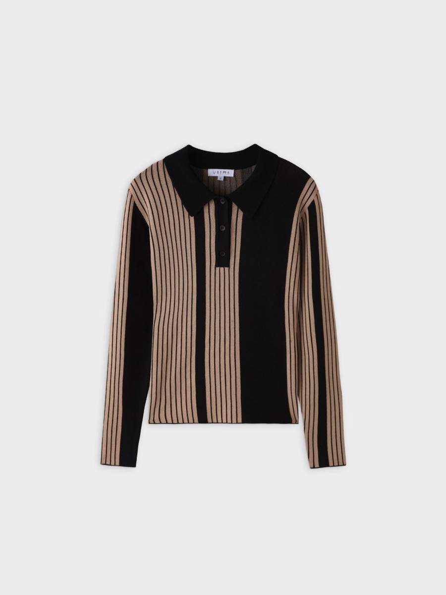 Clearance Mixed Stripe Polo Sweater-Tan Tops