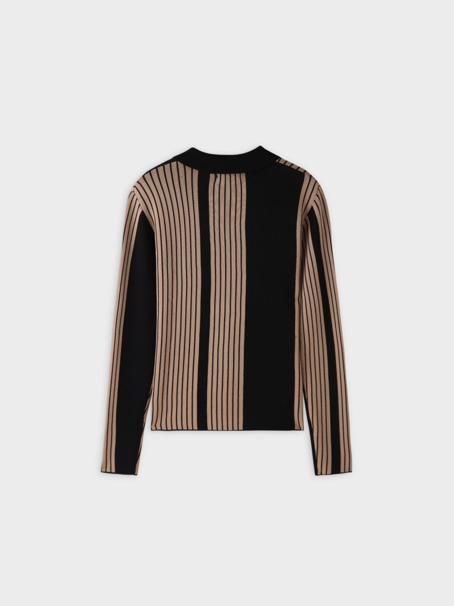 Clearance Mixed Stripe Polo Sweater-Tan Tops