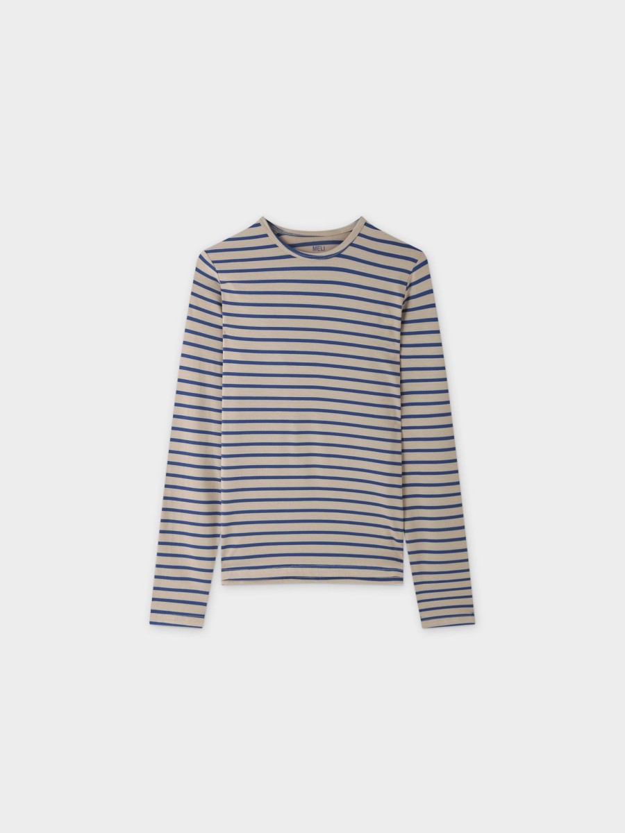 Online Butter Soft Striped Crew-Tan/Blue Tees