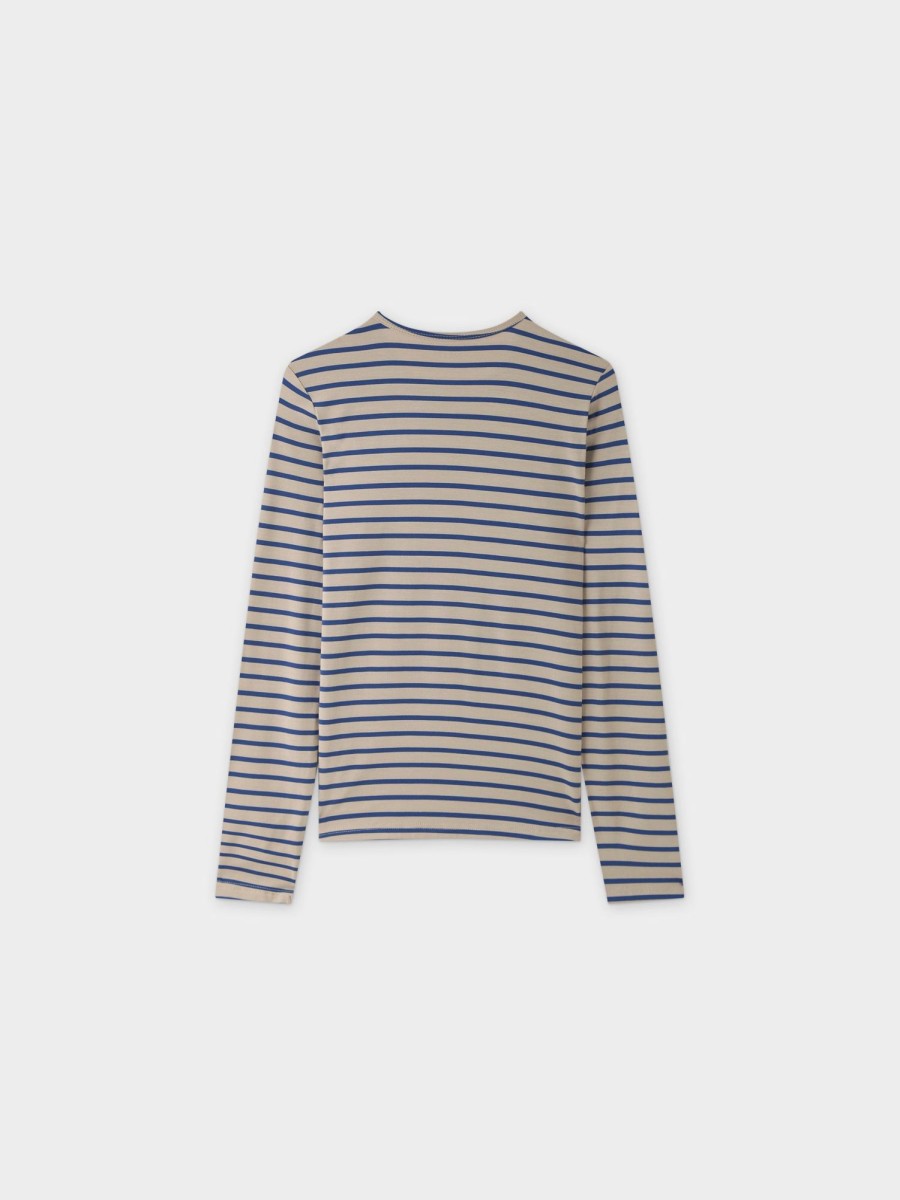 Online Butter Soft Striped Crew-Tan/Blue Tees