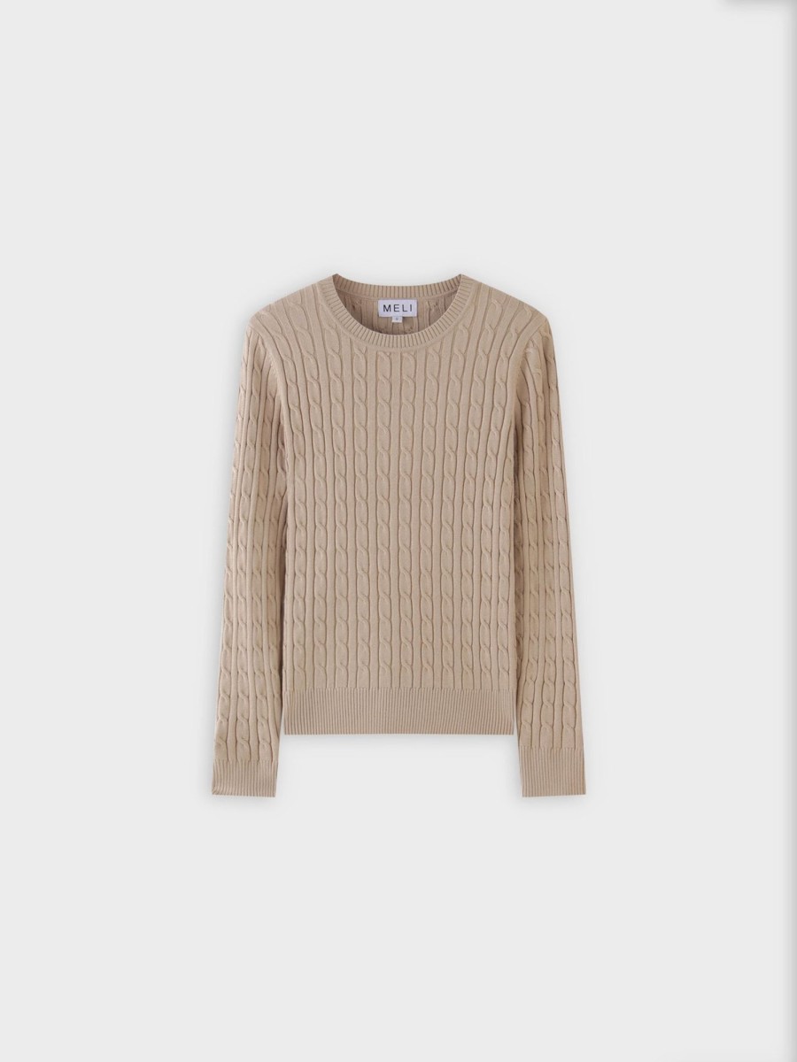 Clearance Knit Cable Sweater-Tan Tops