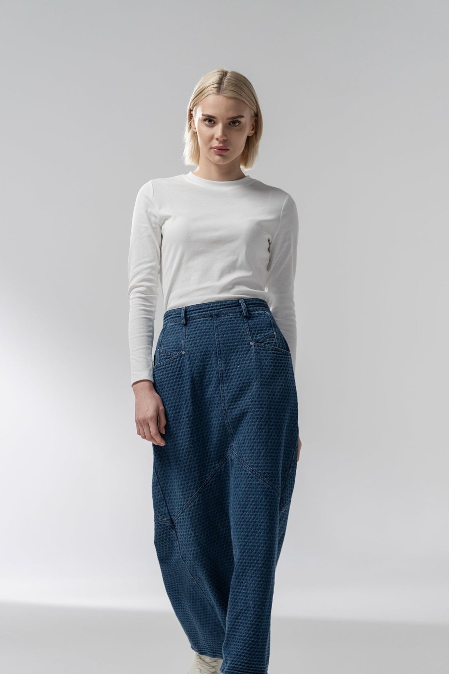 Online Back Pleat Denim Skirt-Textured Blue Skirts