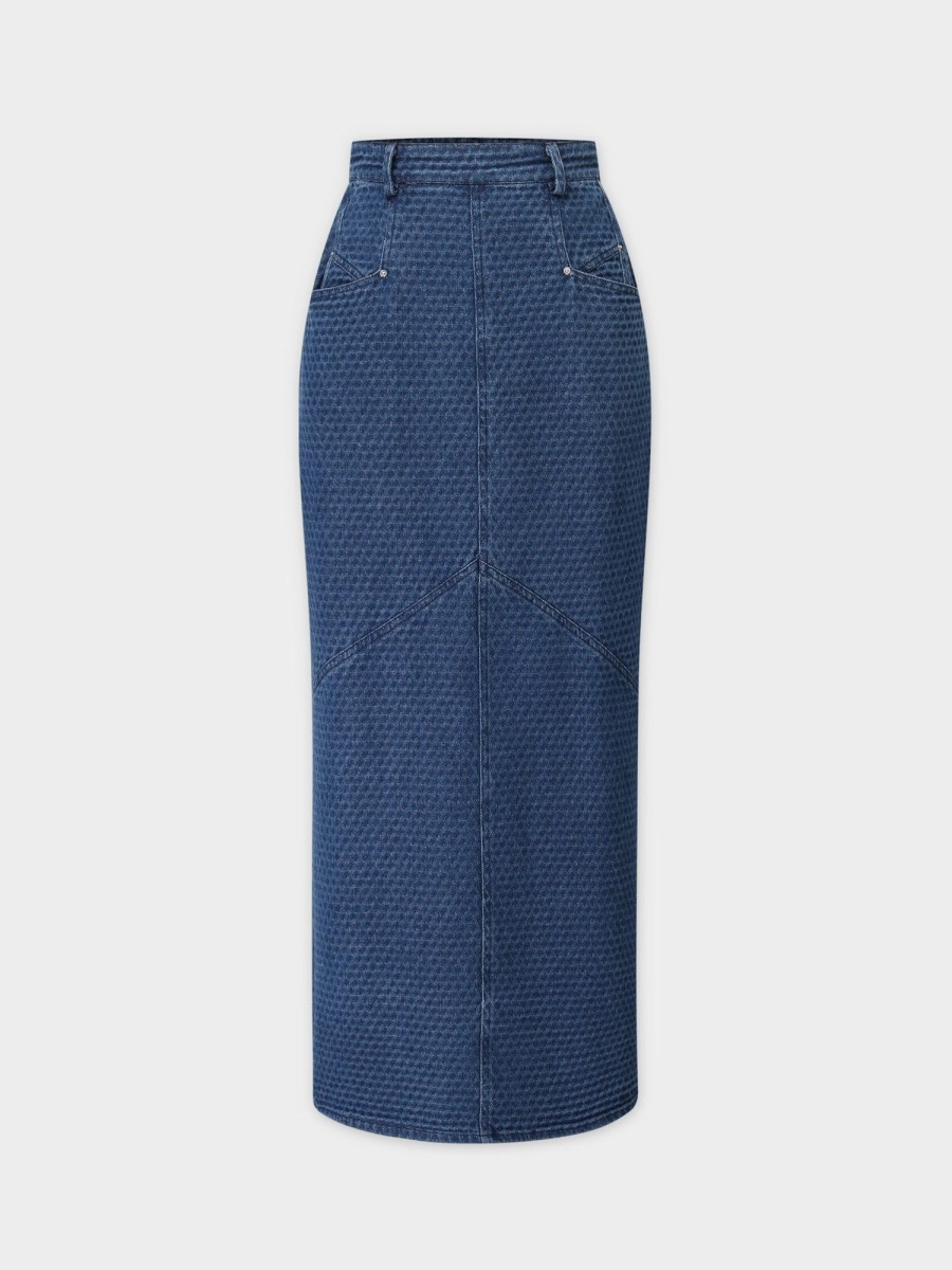 Online Back Pleat Denim Skirt-Textured Blue Skirts