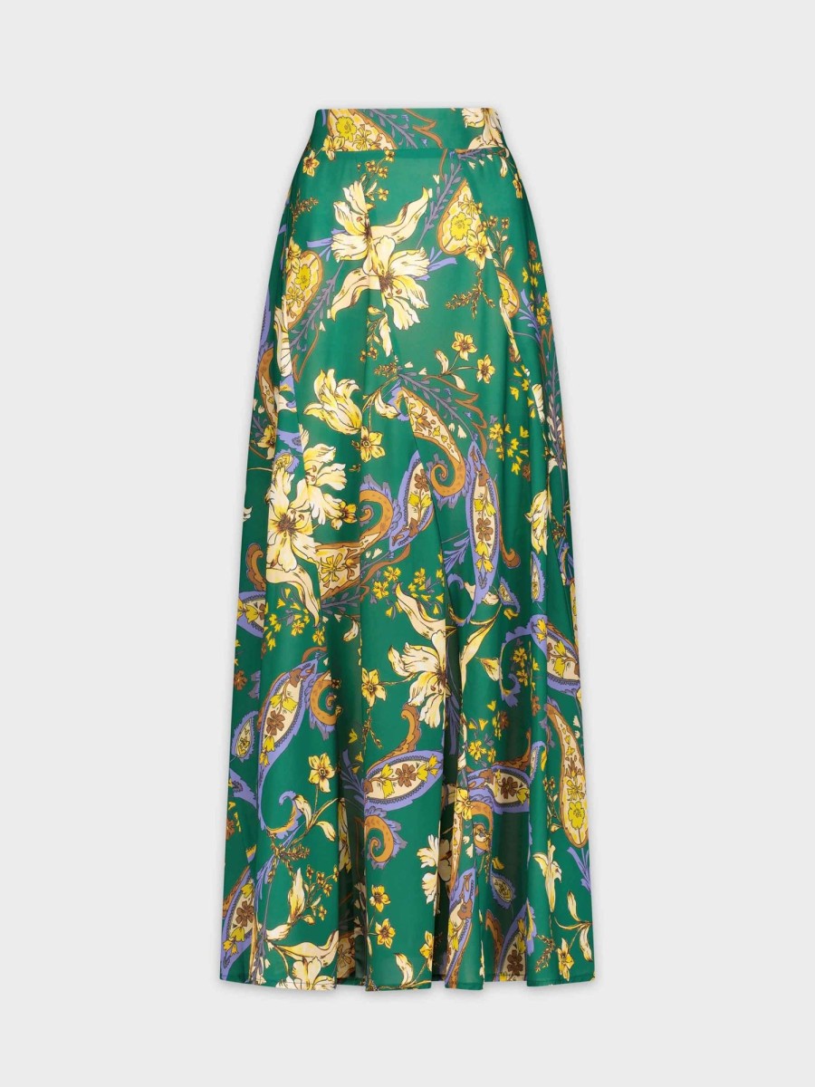 Online Full Satin Skirt-Green Floral Skirts