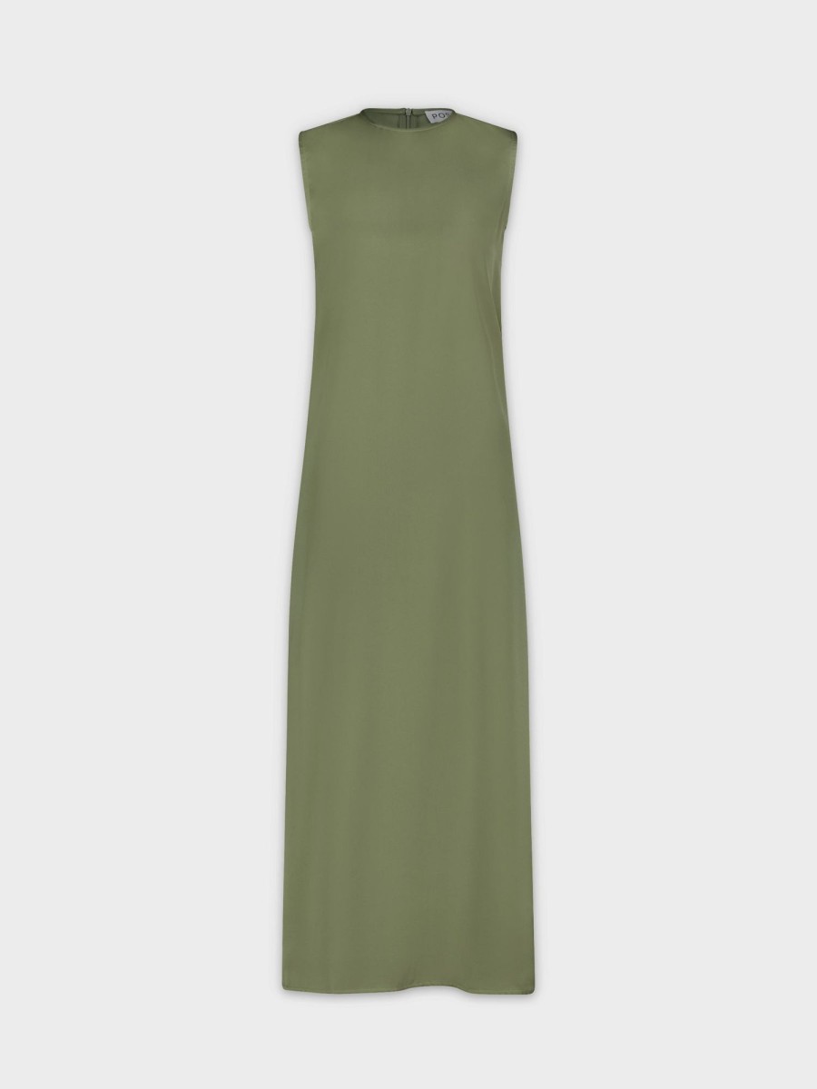 New Sleeveless Satin Dress-Olive Green Sets