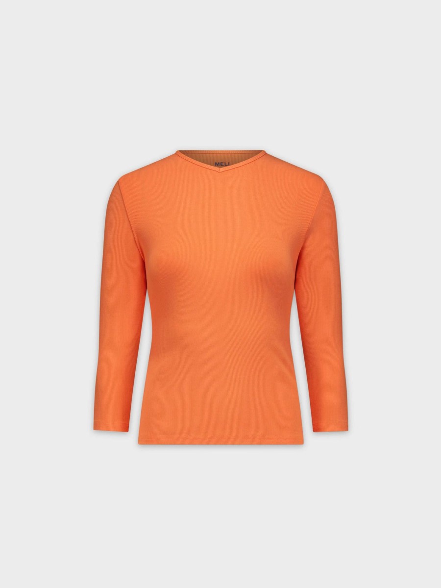 Clearance Ribbed High V 3Q-Orange Tees