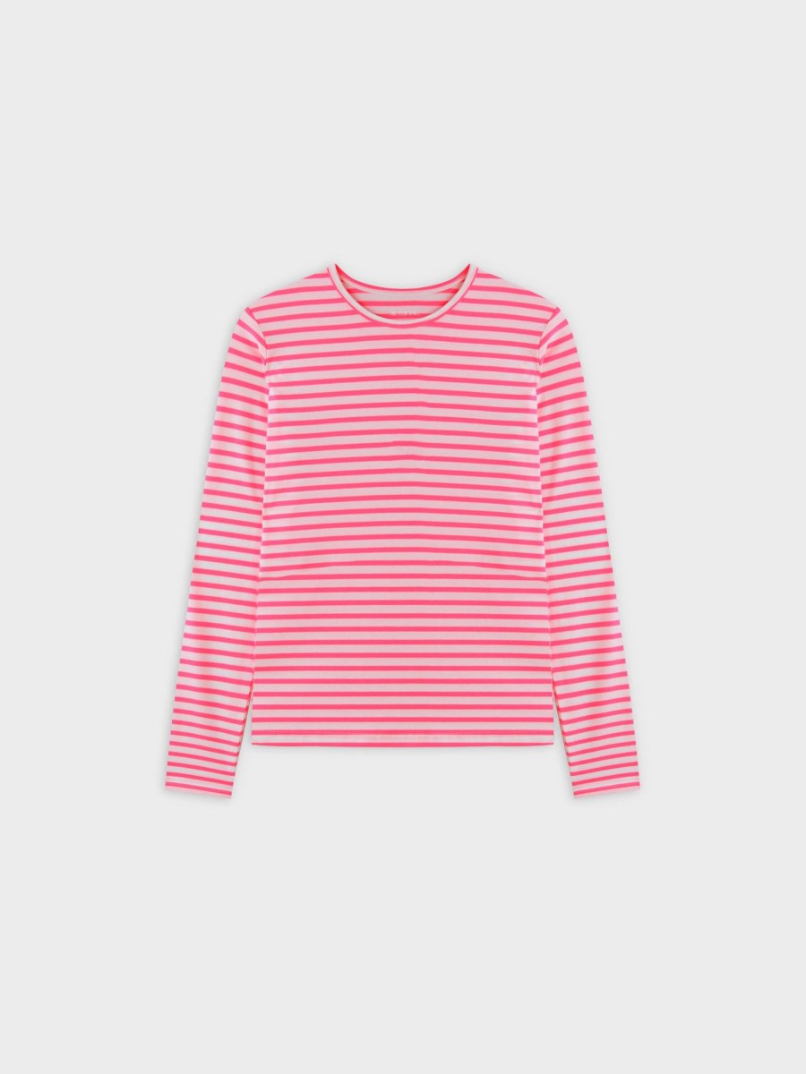 Clearance Neon Stripe Crew-Pink/White Teen Tops