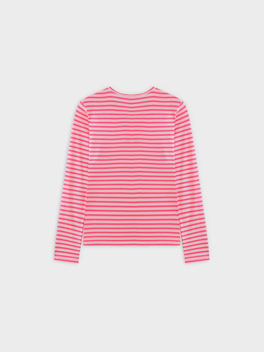 Clearance Neon Stripe Crew-Pink/White Teen Tops