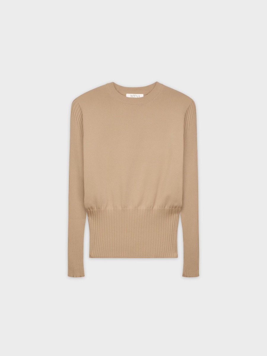 New Ribbed Waisted Sweater-Tan Tops