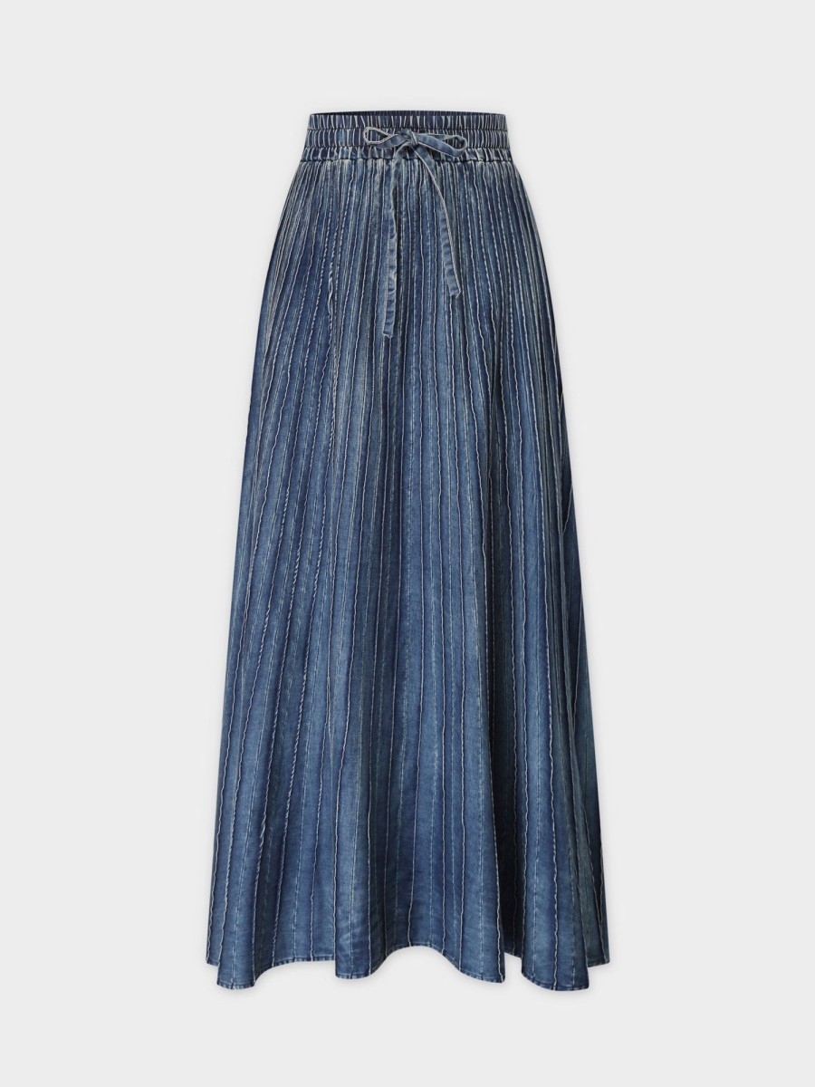 New Washed Seamed Denim Skirt-Blue Skirts