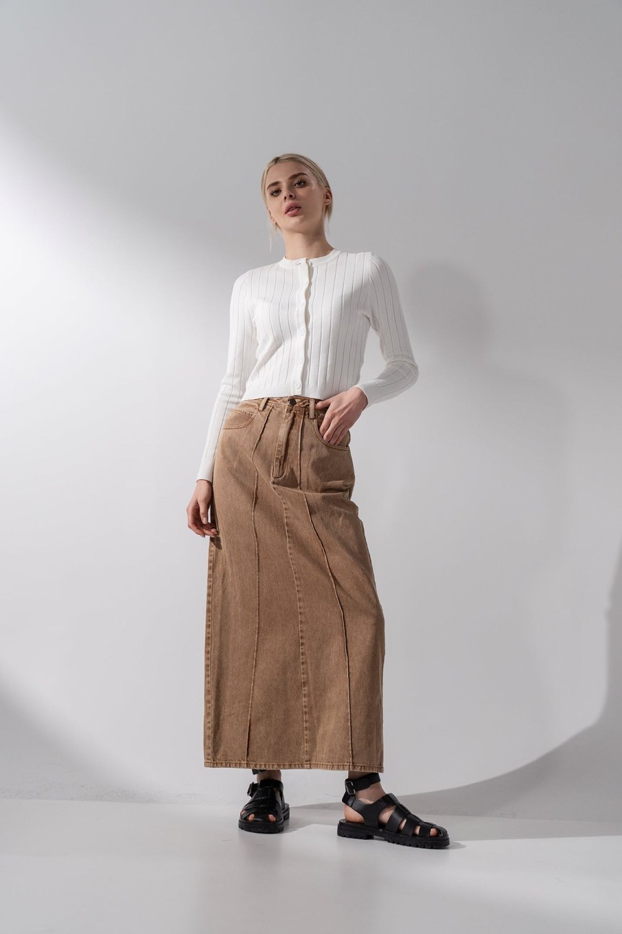 Hot Denim Seamed Skirt-Brown Skirts