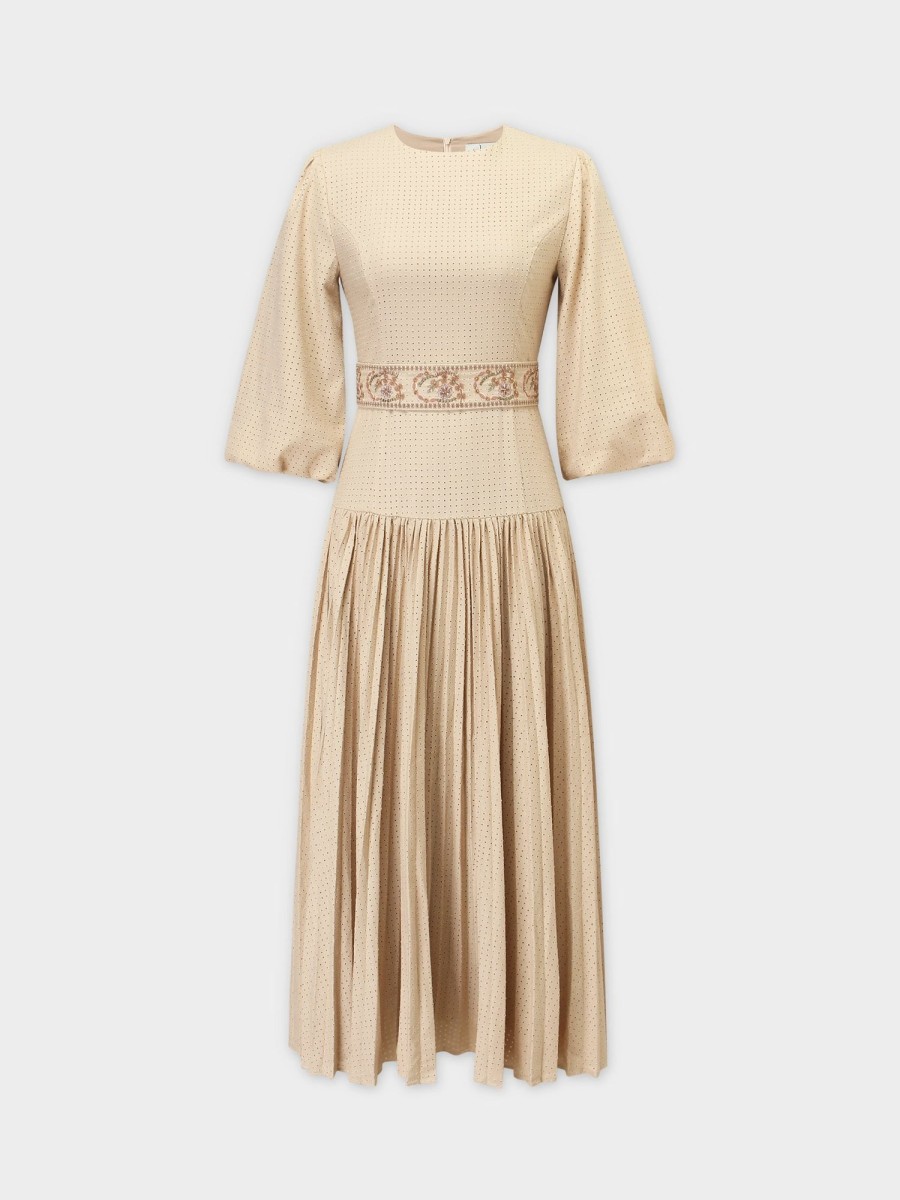 Wholesale Perforated Pleat Dress-Cream Dresses