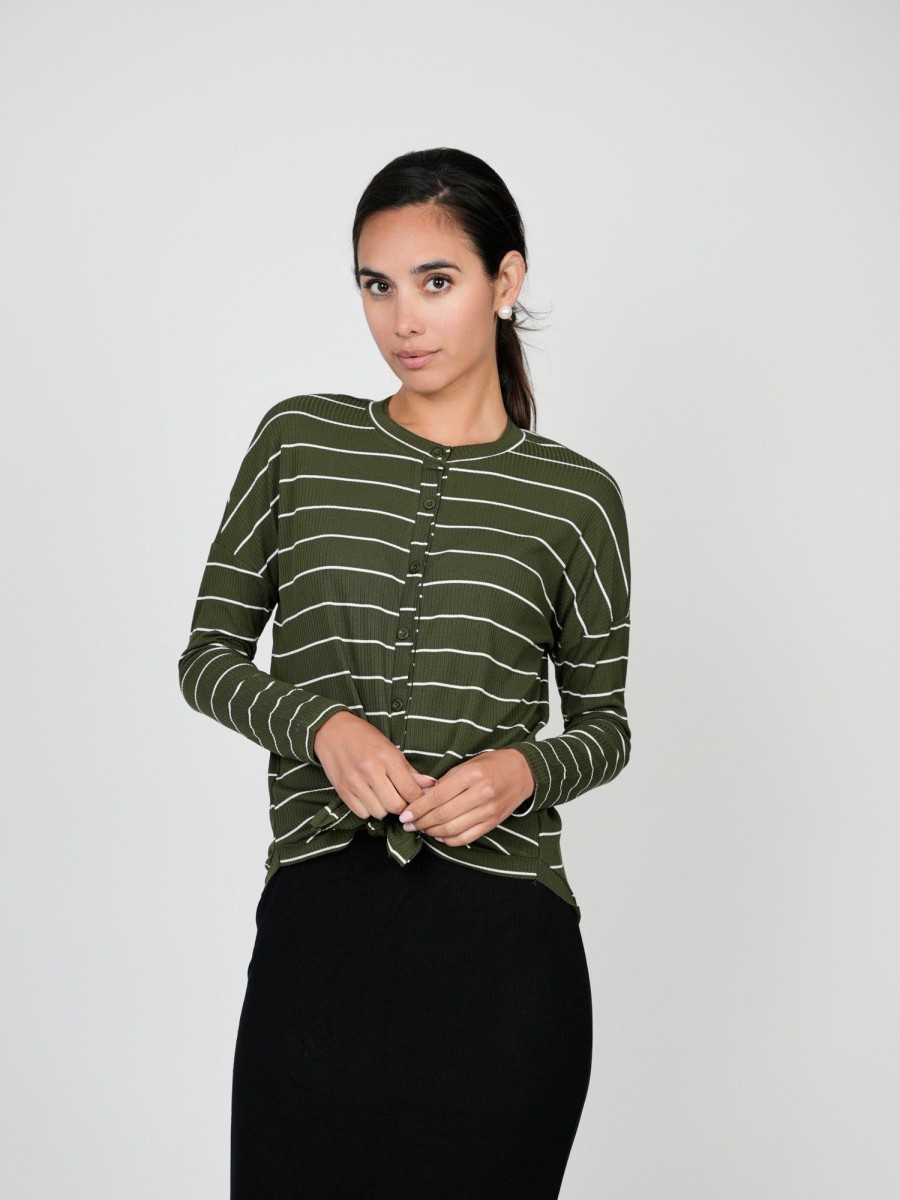 Best Button Down Ribbed T-Shirt - Green/White Tees