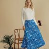 Hot Covered Band Pleated Skirt 37"-Sky Blue Floral Skirts