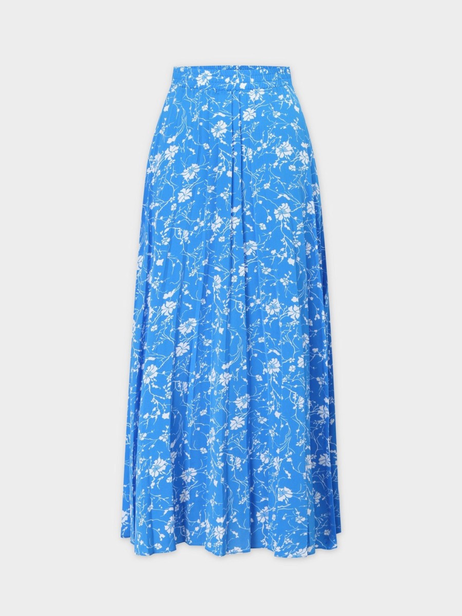 Hot Covered Band Pleated Skirt 37"-Sky Blue Floral Skirts