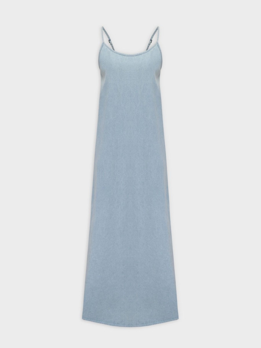 Wholesale Crew Neck Slip Dress-Sky Blue Denim Dresses