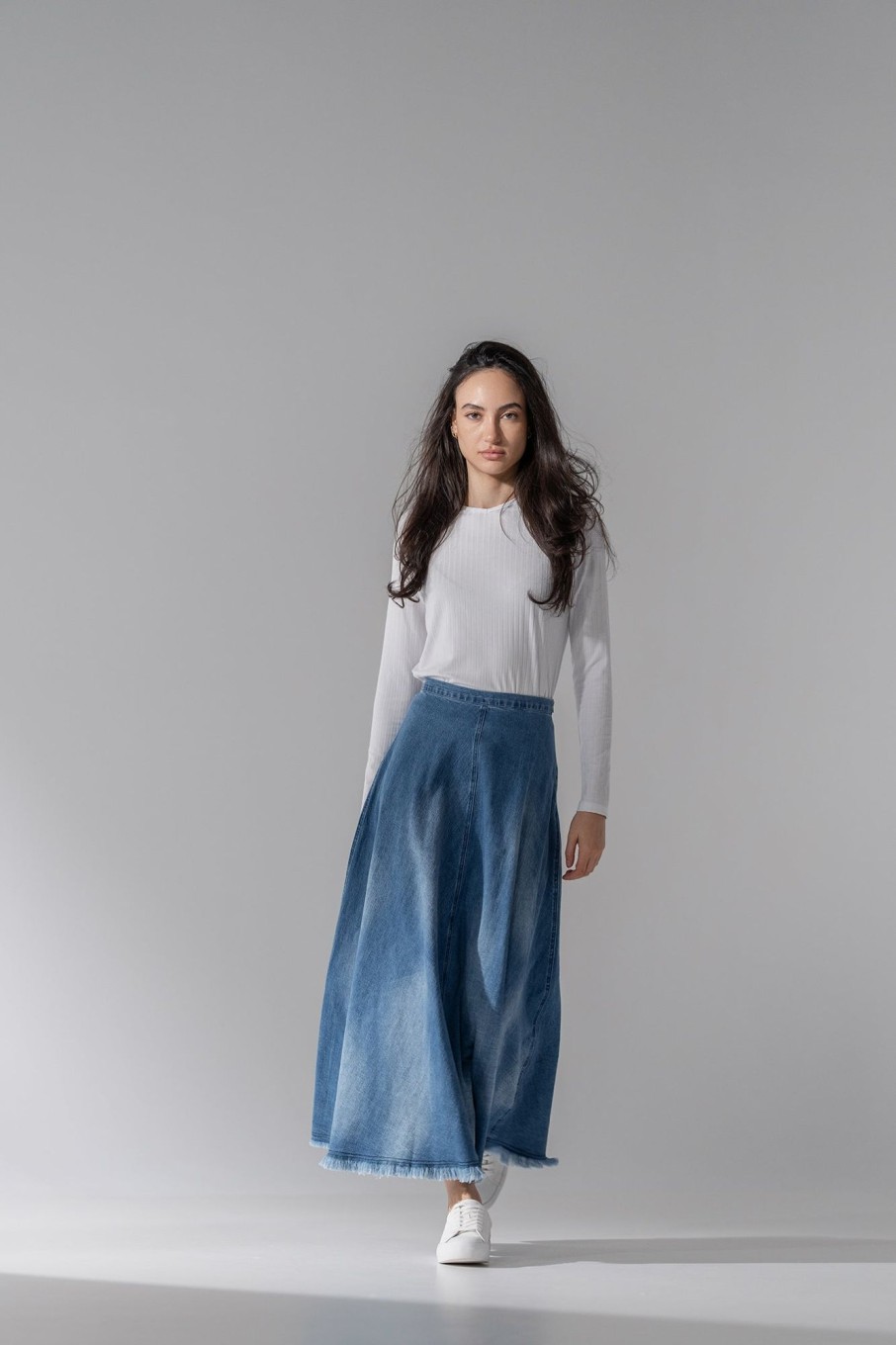 Online Washed Fringe Denim Skirt-Denim Blue Skirts