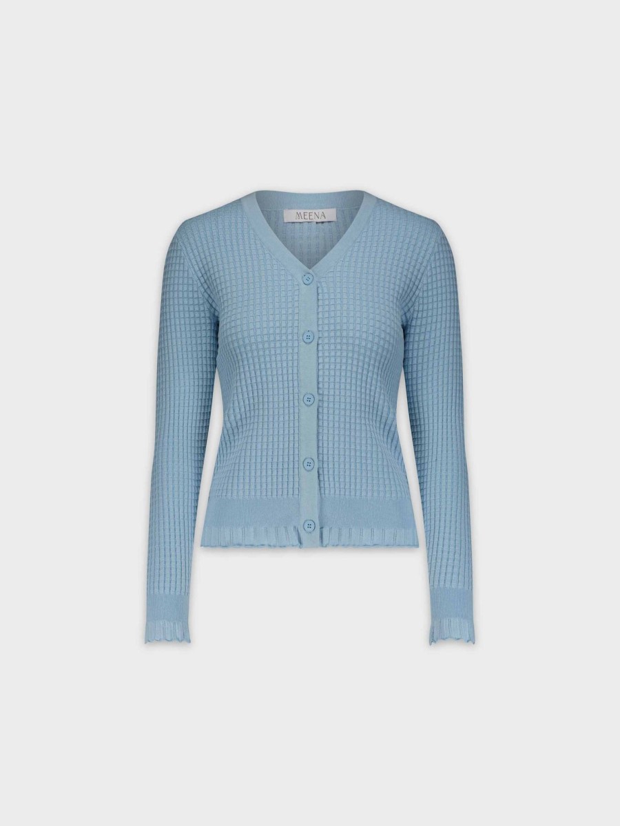 Clearance Ruffle Bottom Cardigan-Light Blue Tops