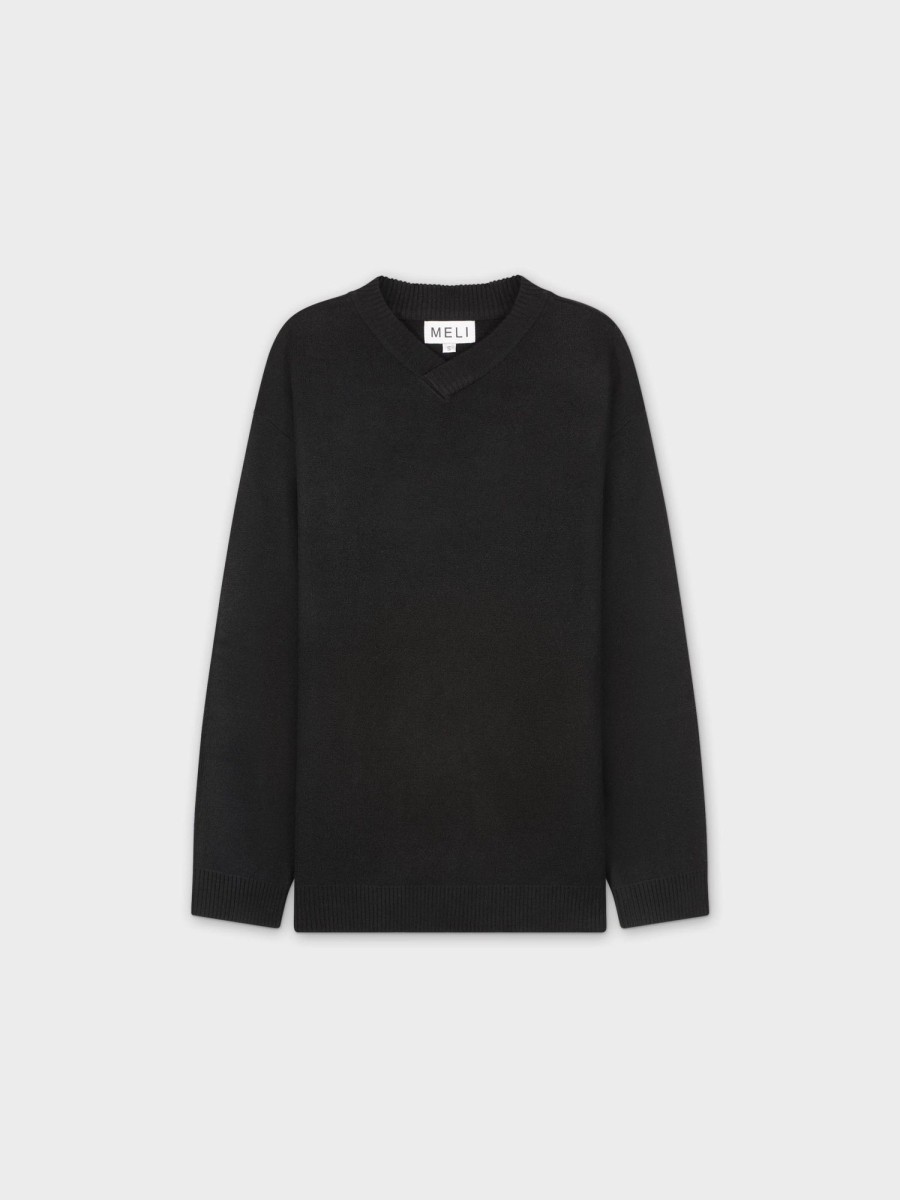 Hot Oversized V Neck Sweater-Black Tops