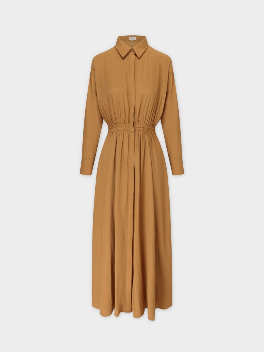 Clearance Elastic Waist Shirtdress-Caramel Dresses