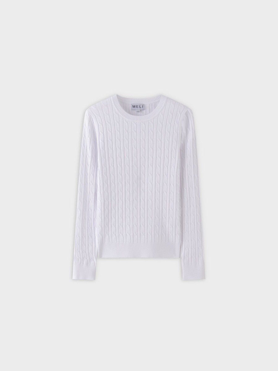 Wholesale Knit Cable Sweater-White Tops