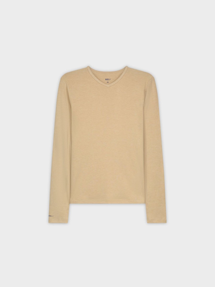 Best Ribbed High V Ls-Light Tan Tees