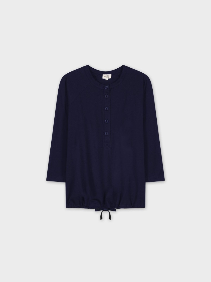 Hot Henley Drawstring Tee-Navy Tees